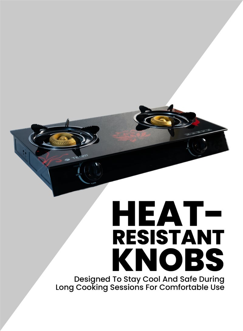 TEAM 2 Burner Glass Top Gas Stove with Automatic Ignition | High Efficiency Blue Flame | Low Gas Consumption | Detachable Trivet | Heat‑Resistant Toughened Glass | LPG Gas Cooktop for Home Kitchen - Image 3